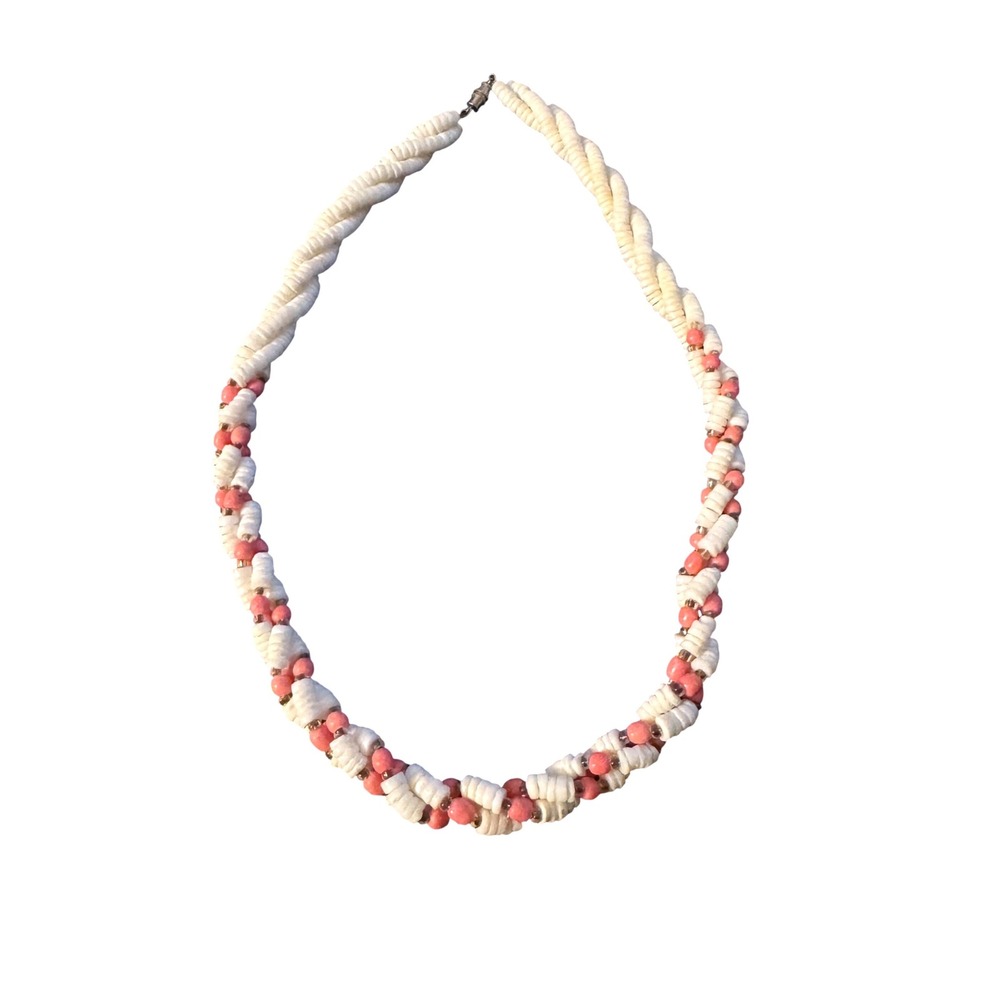 Vintage White Heishi Shell and Coral‎ Pink Bead Twisted Multi Strand Necklace